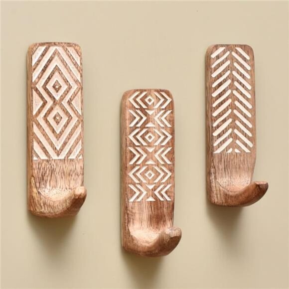 Indian Shelf Boho Decorative Wood Adhesive Wall Hooks for Coats – 3 Hooks - Picture 1 of 7